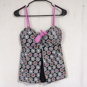 A Shore Fit Black Pink Daisy Print Tankini Top Size 12